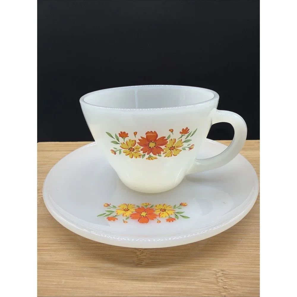 VTG Fire King Milk Glass Flower Floral Cup Saucer Anchor Hocking Oven Ware